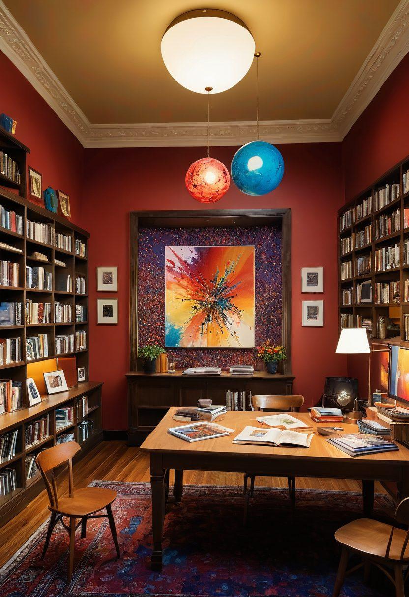 An expansive library filled with colorful books on art and creativity, with an open encyclopedia on a wooden table, illuminated by soft golden light. Surrounding the table are vibrant, abstract art pieces hanging on the walls, an artist’s palette with splashes of paint, and brushes scattered about. A pair of curious hands reaching towards a bright, glowing idea sphere above the table symbolizes inspiration. The scene evokes warmth and discovery, inviting viewers to dive into the world of creativity. vibrant colors. super-realistic.