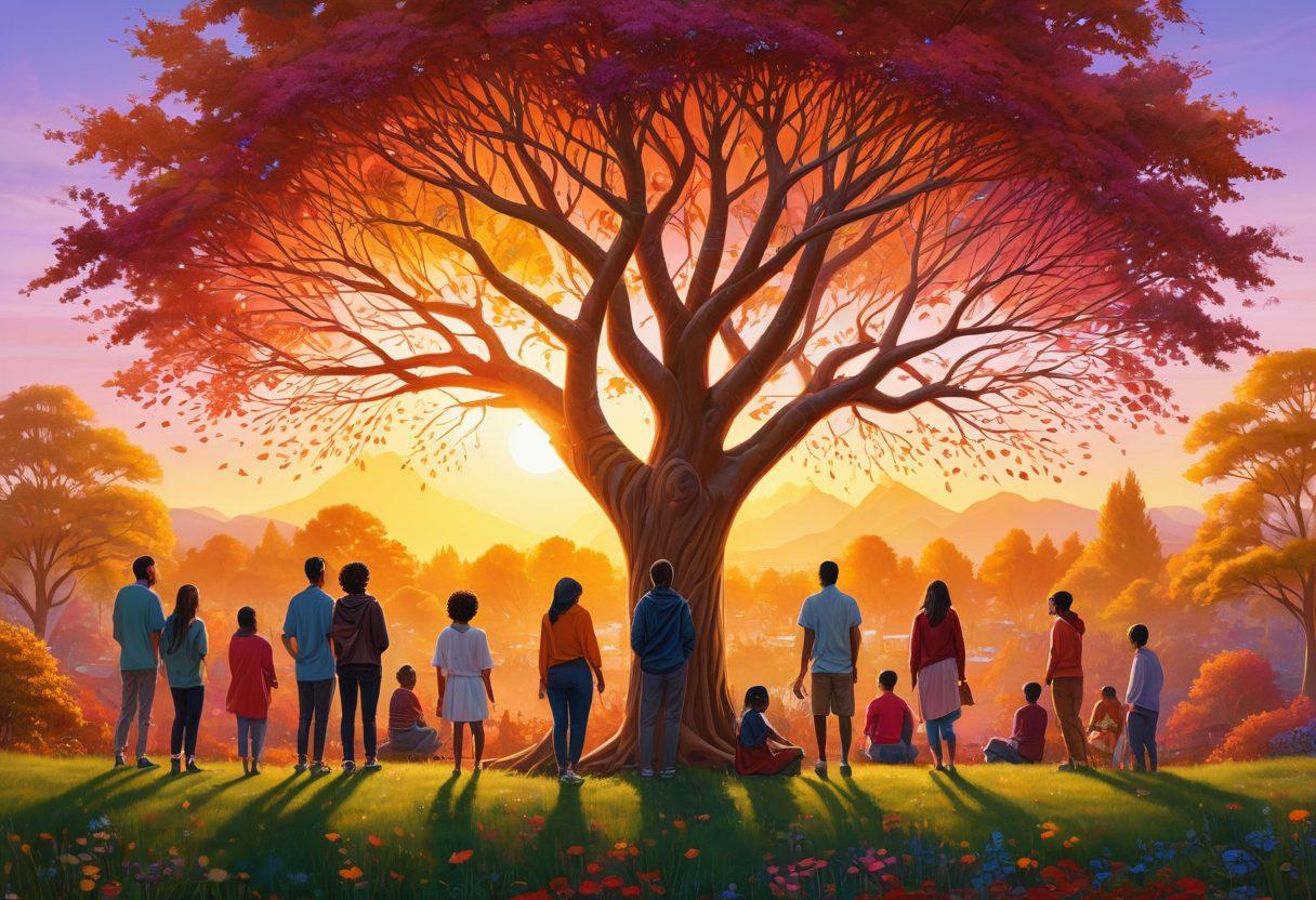 A vibrant mural displaying diverse people from various cultures collaborating and exchanging artistic ideas, surrounded by colorful trees symbolizing growth, and an abstract network connecting them through glowing lines. The background features a warm sunset, enhancing the sense of community and creativity. super-realistic. vibrant colors. 3D.