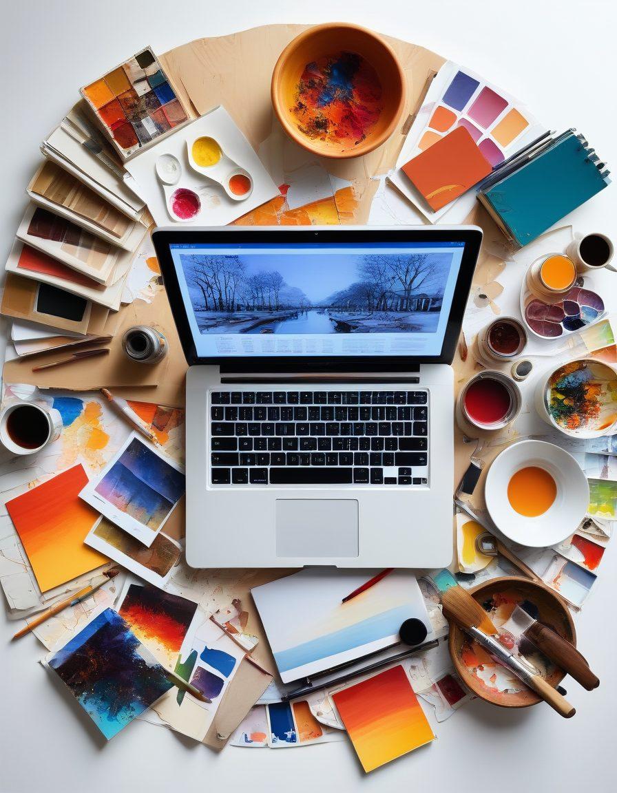 A vibrant collage of various artistic techniques, showcasing a painter's palette, digital art tools, and sketchbooks blending together. The scene captures an artist in the process of creation, surrounded by online resources displayed on a laptop and scattered multimedia. Warm, inviting lighting enhances the creative atmosphere. super-realistic. vibrant colors. white background.